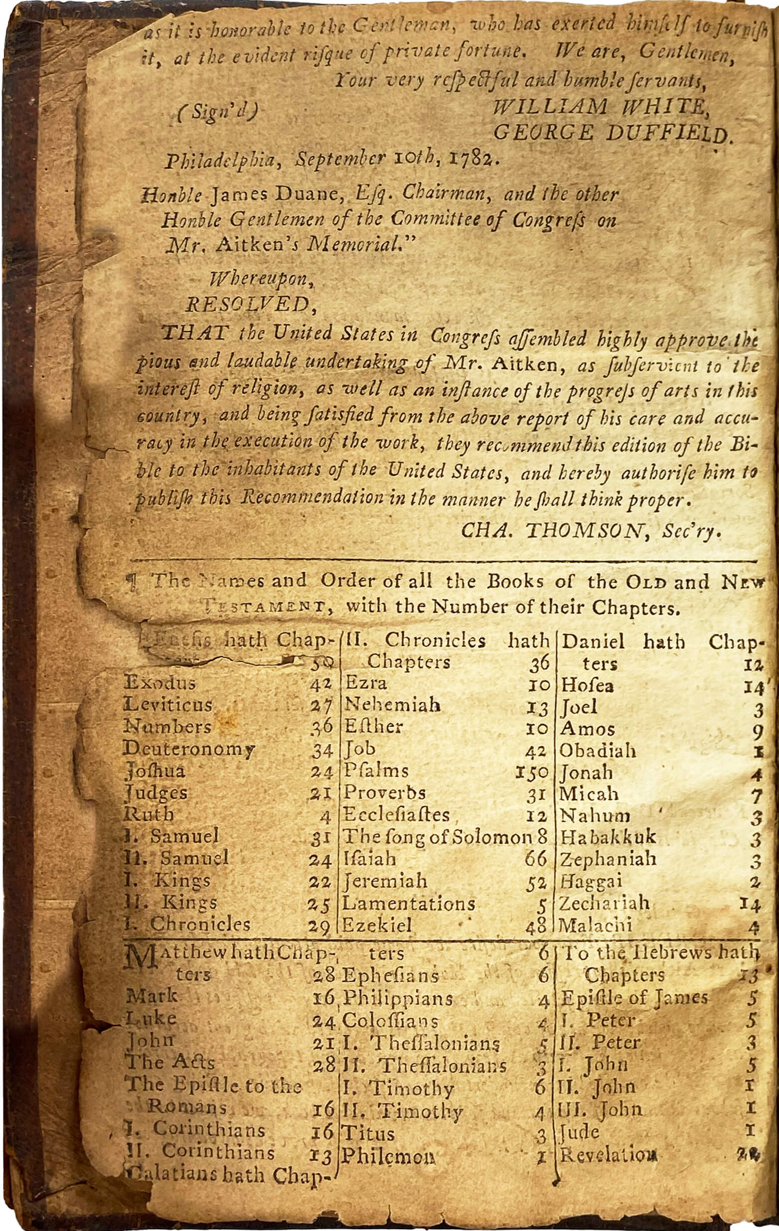 Congressional Resolution as printed in the Aitken Bible, 1782. WallBuilders Collection.
