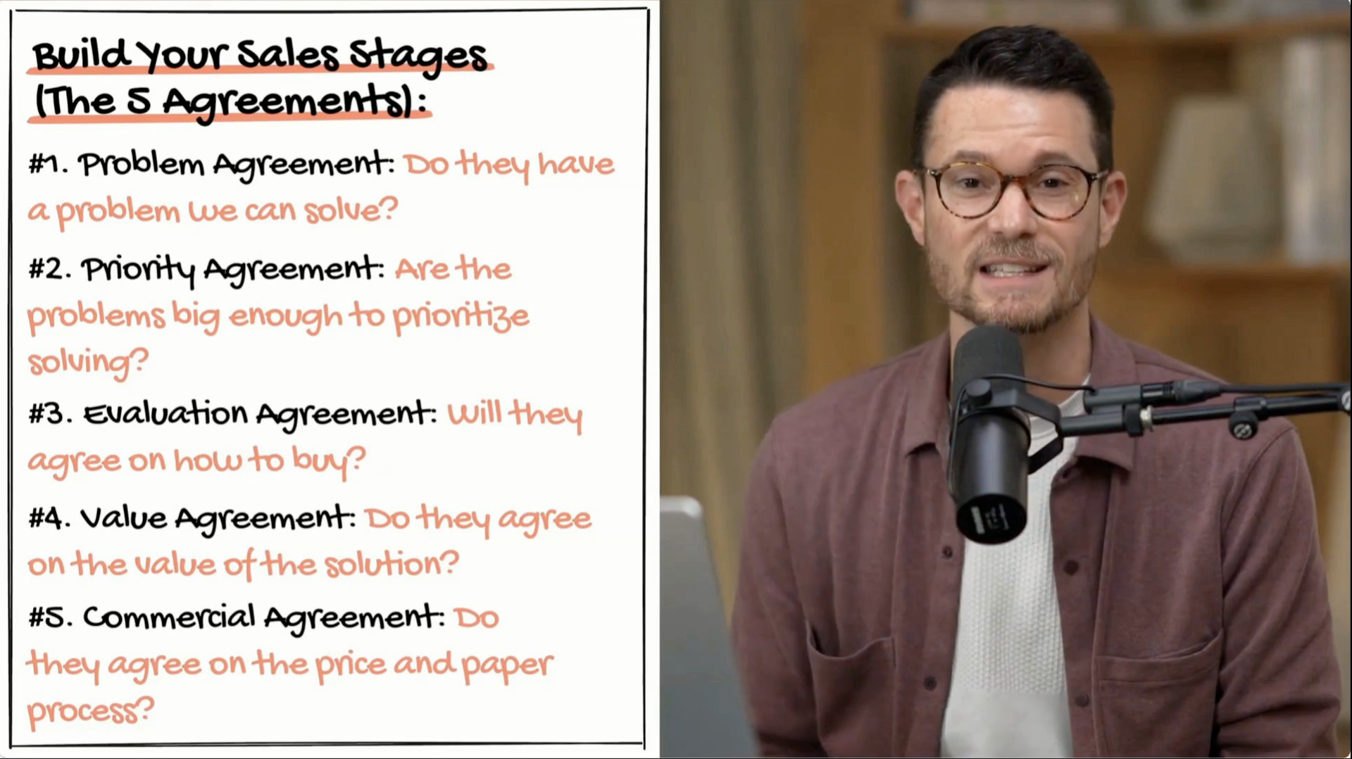 Build Your Sales Stages (The 5 Agreements): #1 Problem Agreement: Do they have a problem we can solve? #2 Priority Agreement: Are the problems big enough to prioritize solving? #3 Evaluation Agreement: Will they agree on how to buy? #4 Value Agreement: Do they agree on the value of the situation? #5 Commercial Agreement: Do they agree on the price and paper process?